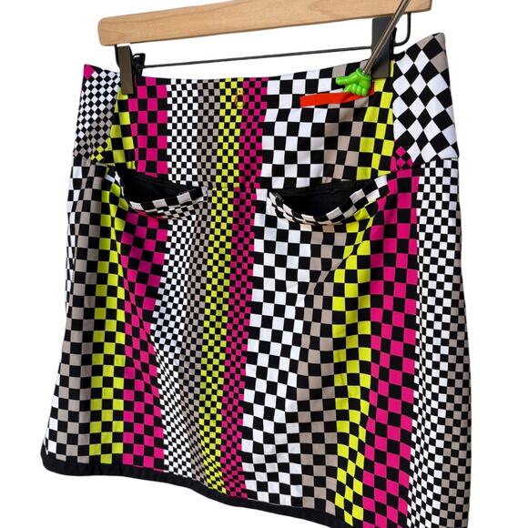 Kinona Sporty Neon Yellow and Pink Checkered Golf Skort with Deep Pockets size L - Picture 6 of 11